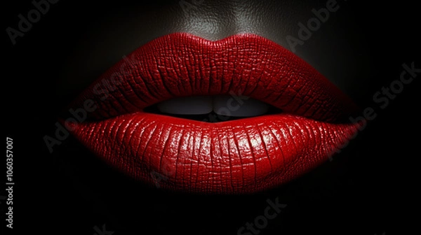 Fototapeta Captivating close-up of bold red lips illuminated against a dark backdrop, symbolizing allure and confidence in vibrant beauty