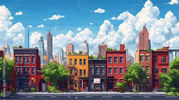 Obraz A pixel art illustration of a cityscape with colorful buildings and a blue sky.