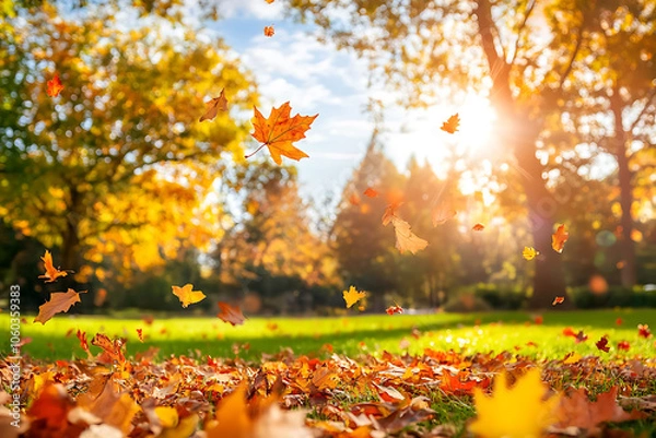 Obraz Foliage in the park. Autumn fall leaves of maple trees. Autumn fall leaves in sunlight. Natural autumn background. Autumnal background. Foliage, falling leaves background. Autumn leaf. Autumnal mood.