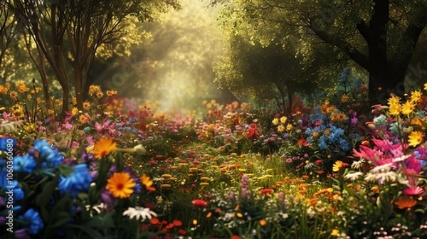 Obraz A vibrant field of wildflowers blooms beneath the sun-dappled trees.