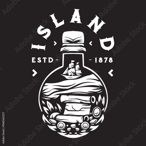 Fototapeta Vintage illustration of a bottle logo with a treasure map inside