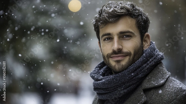Fototapeta Confident man in tailored winter coat smiling in snow