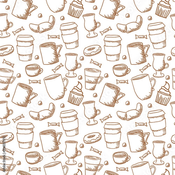 Fototapeta Vector seamless sketchy doodle style coffee cups and mugs backgr