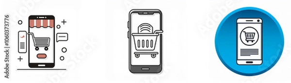 Fototapeta Three different illustrations of a smartphone with an icon of a shopping cart.