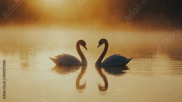 Obraz A tranquil scene of two swans gracefully swimming together on a calm lake at dawn, surrounded by mist.