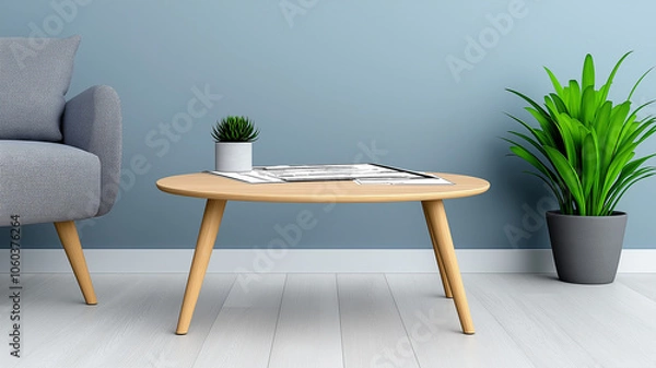 Fototapeta modern living room featuring stylish coffee table with documents, creating serene atmosphere