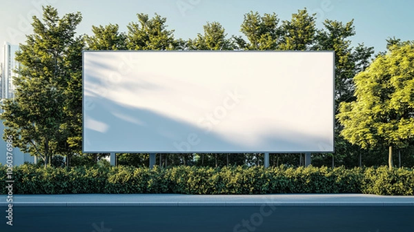 Fototapeta A mockup of a white billboard affixed to a wall, showcasing a tree farm behind it