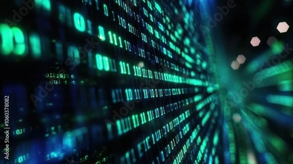 Obraz a digital binary code matrix with glowing green and blue binary digits cascading down in a 3D environment,