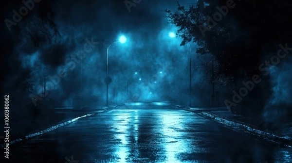 Fototapeta A dark, deserted street illuminated by faint streetlights, with wet asphalt reflecting glimmers of light.