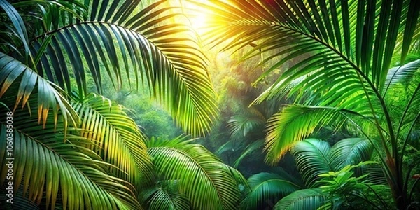 Fototapeta Sunlight filtering through a canopy of lush green palm leaves, creating a dappled effect on the forest floor