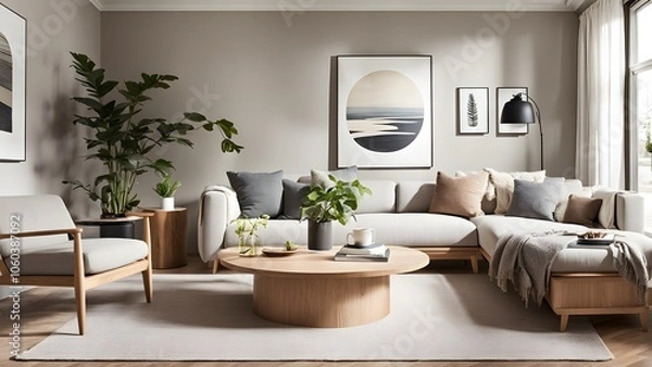 Fototapeta Bright and Airy Living Room with Stylish Neutral Palette, Plush Seating, and Abundant Greenery for a Fresh Look (63)