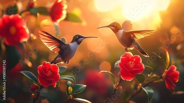 Fototapeta A pair of hummingbirds dancing around camellia flowers, vivid red petals and curling green leaves, warm sunlight illuminating their feathers, detailed textures, serene and lively springtime ambiance.