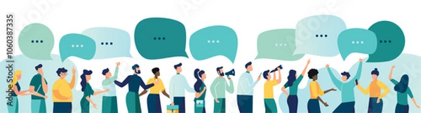 Fototapeta group office workers work office or co working space. tables with computers and laptops, have dialogue and communicate at workplace between colleagues. analyses and develop business vector illustratio