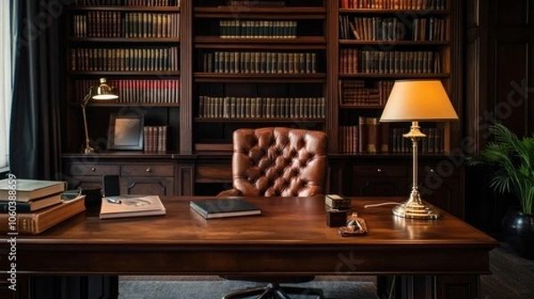 Fototapeta A classic wooden desk with a leather chair, books, and a lamp in a library setting.