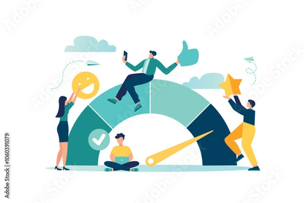 Fototapeta employee engagement and motivation, featuring businesspeople celebrating success icons like thumbs up, stars, smiley face. It represents job satisfaction, productivity, commitment vector illustration 