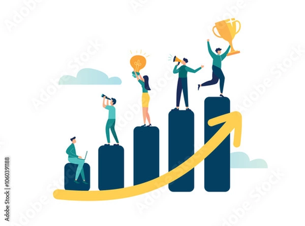 Fototapeta Business development plan for improvement, teamwork help growing revenue, growth and achievement, team strategy for business success concept, business people team working on improve bar graph