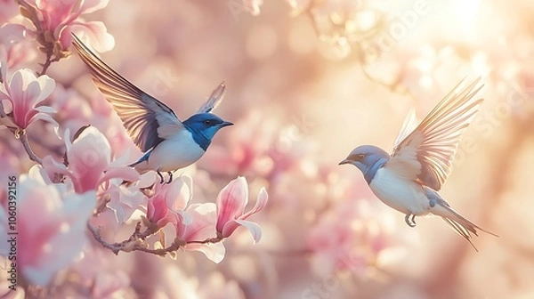 Fototapeta Close-up of swallows darting through a canopy of magnolia blossoms, vivid blue feathers contrasting with soft pink and white flowers, sunlight filtering through,