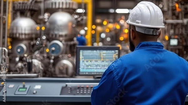 Fototapeta Workers in a refinery control room monitoring complex machinery and adjusting settings   refinery control room, machinery operation, workers