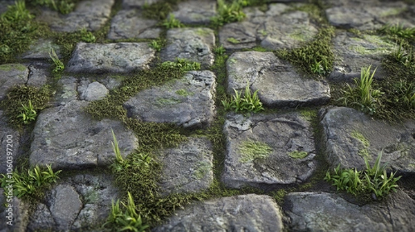 Fototapeta Nature's Tapestry: A Stone Pathway Adorned with Textures of Moss and Grass