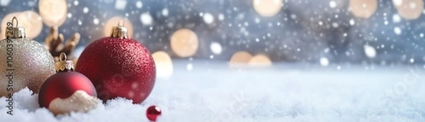 Fototapeta Festive Christmas ornaments on snow with gentle snowfall and glowing lights in a serene winter setting, perfect for holiday themes.