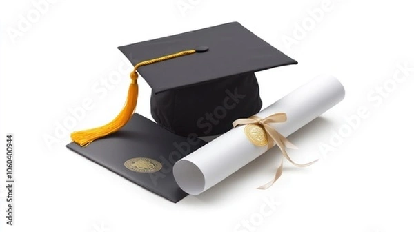 Fototapeta A graduation cap placed on top of a rolled diploma tied with a ribbon, both elements isolated on a clean white background.