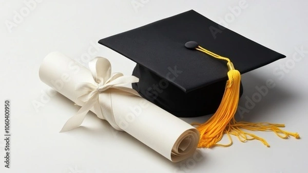 Fototapeta A graduation cap placed on top of a rolled diploma tied with a ribbon, both elements isolated on a clean white background.