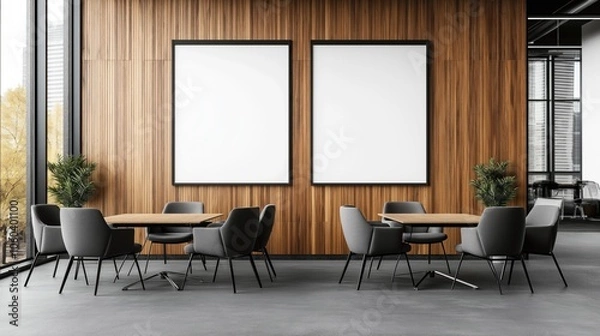 Fototapeta Modern office meeting space with wooden accent wall, two blank vertical frames, round tables with gray chairs, large windows, and potted plants