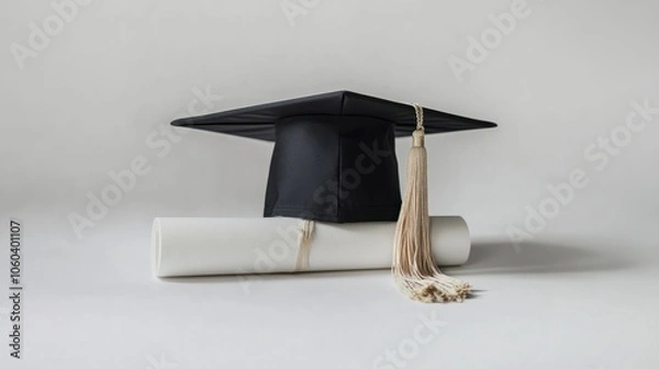 Fototapeta A graduation cap placed on top of a rolled diploma tied with a ribbon, both elements isolated on a clean white background.
