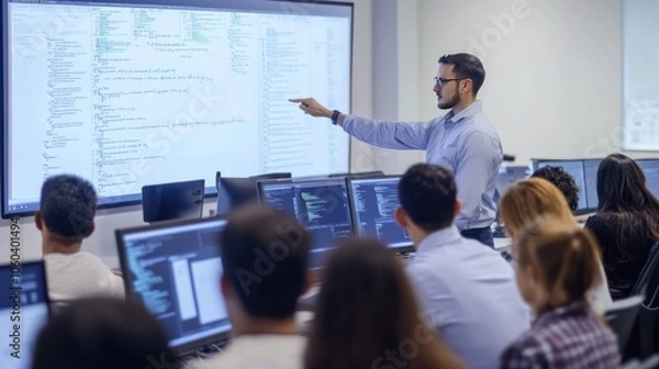 Fototapeta A group of employees participating in a cybersecurity training session, with a trainer pointing to a whiteboard filled with security protocols and tips.
