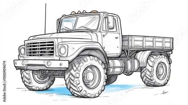 Fototapeta Cartoon Style Truck with Simple Color Outlines