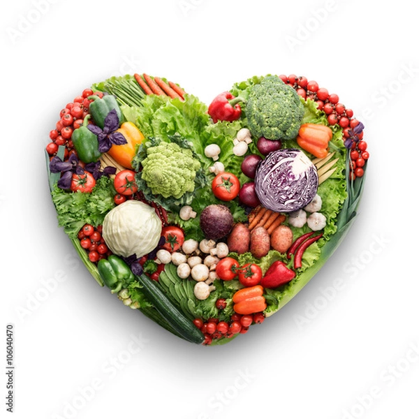 Fototapeta Veggie mix / koncepcja zdrowej żywności ludzkiego serca wykonana z mieszanki warzyw i owoców, które zmniejszają ryzyko śmierci, na białym tle.