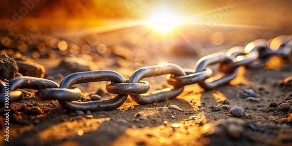 Fototapeta A chain of interconnected metal links rests on the ground, bathed in the warm glow of the setting sun, each link representing strength and resilience.