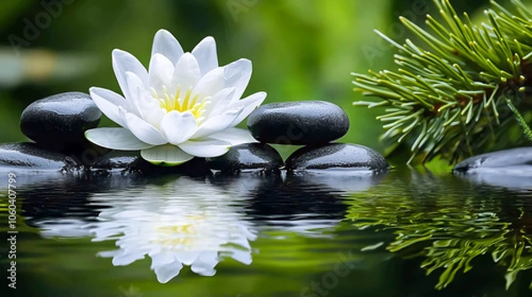 Fototapeta Zen basalt stones arranged with a delicate water lily flower on a white background, creating a serene and harmonious scene perfect for wellness, relaxation, and mindfulness themes.
