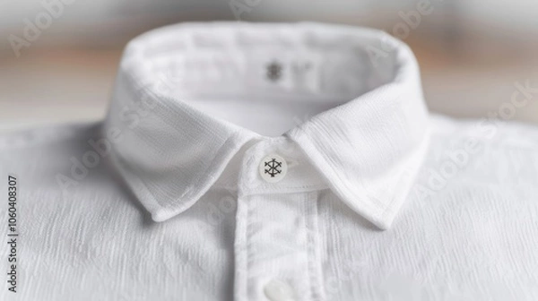 Obraz A close-up view of a white shirt collar featuring a button, showcasing its texture and detail.