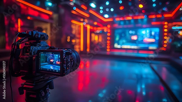 Fototapeta Camera in a Studio Setting with Red and Blue Lights - Photo