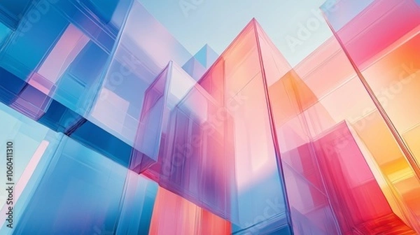 Obraz Abstract Glass Architecture in Motion Blur with Overlapping Blue Shapes Against a Gradient Background
