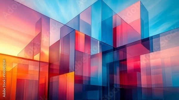 Obraz Abstract Glass Architecture in Motion Blur with Overlapping Blue Shapes Against a Gradient Background