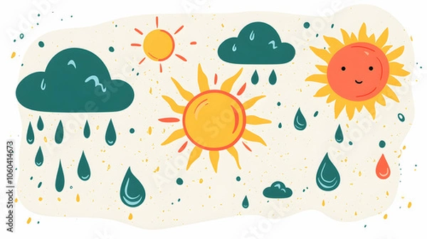 Fototapeta Cartoon weather illustration with sun, rain clouds and raindrops.
