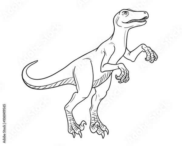 Fototapeta Vector line art illustration of dinosaur Raptor. Black and white outline.