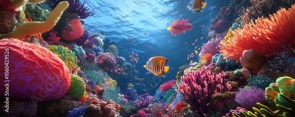 Fototapeta Vibrant coral reef teeming with life, showcasing a diverse array of coral formations and colorful fish.