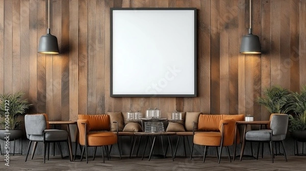 Fototapeta Modern seating area with orange and gray chairs, wooden wall with blank square frame, plants, and pendant lights