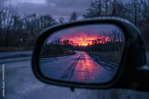 Fototapeta Colorful sunset sky in a rear-view mirror at night. Beautiful simple AI generated image