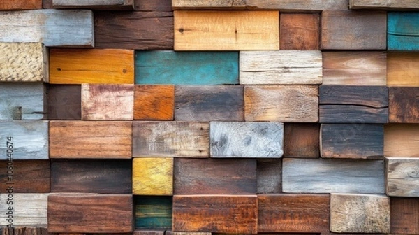 Fototapeta Wood aged art architecture texture abstract block stack on the wall for background, Abstract colorful wood texture for backdrop