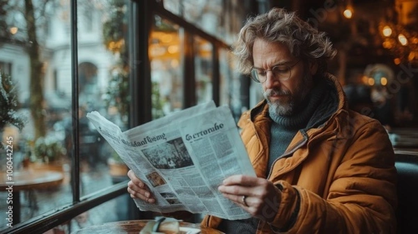 Obraz Man Reading Newspaper in a Cafe