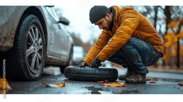 Obraz Man Changing a Flat Tire on a Rainy Day
