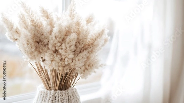 Fototapeta Pampas Grass in a Knitted Vase Subtle Blur Background with Space for Custom Text