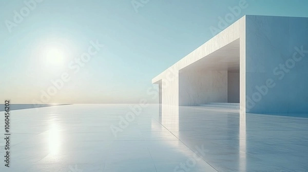 Obraz Serene Minimalist Architecture: An Open Space with White Marble Blocks and a Flat Roof Under a Clear Blue Sky, Capturing the Tranquility of Light and Shadow