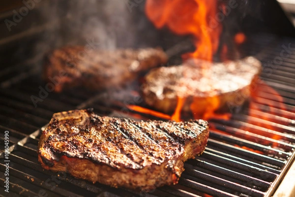 Obraz steki gotowane na płonącym grillu