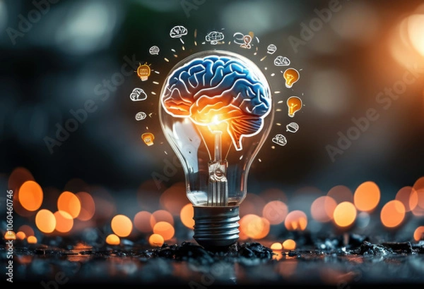 Fototapeta A light bulb with a brain, creativity and smart thinking, an idea for business