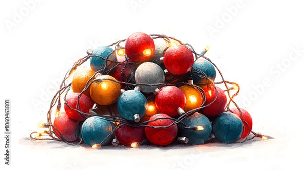 Fototapeta Vibrant Vector Illustration of a Festive Pile of Symmetrical Christmas Bulbs with Messy Lights on a White Background